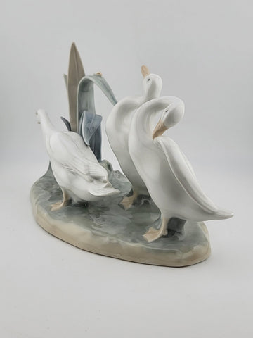 Try This. Lladro #4549 Geese With Snail on Reeds Large Porcelain
