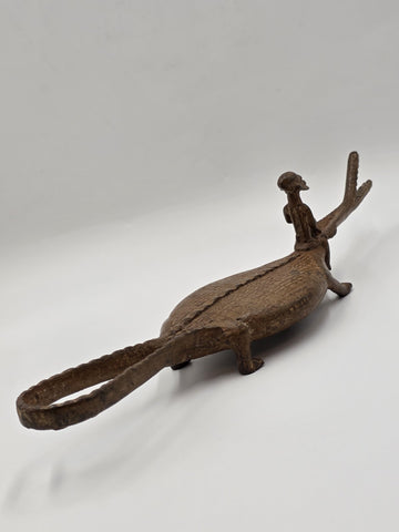 Rare African Senufo Bronze Crocodile with Rider Ritual Oracle Figure Lost Wax