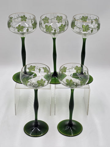 Set Of 5 Theresienthal Enameled Hock Stemware Wine Glass W Grapes & Leaves C1920
