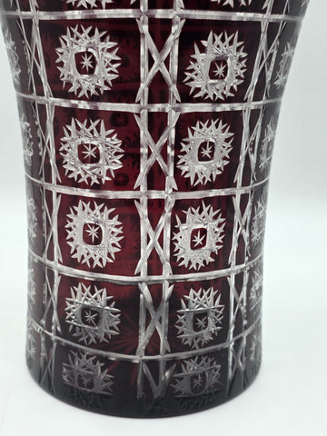 Rare Huge XL Bohemian Czech Ruby Cut to Clear Crystal Vase 14" Star Pattern