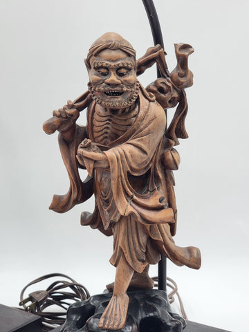 Pair Of Antique C 1910's Chinese Handcarved Boxwood Statues Made Into Lampshades