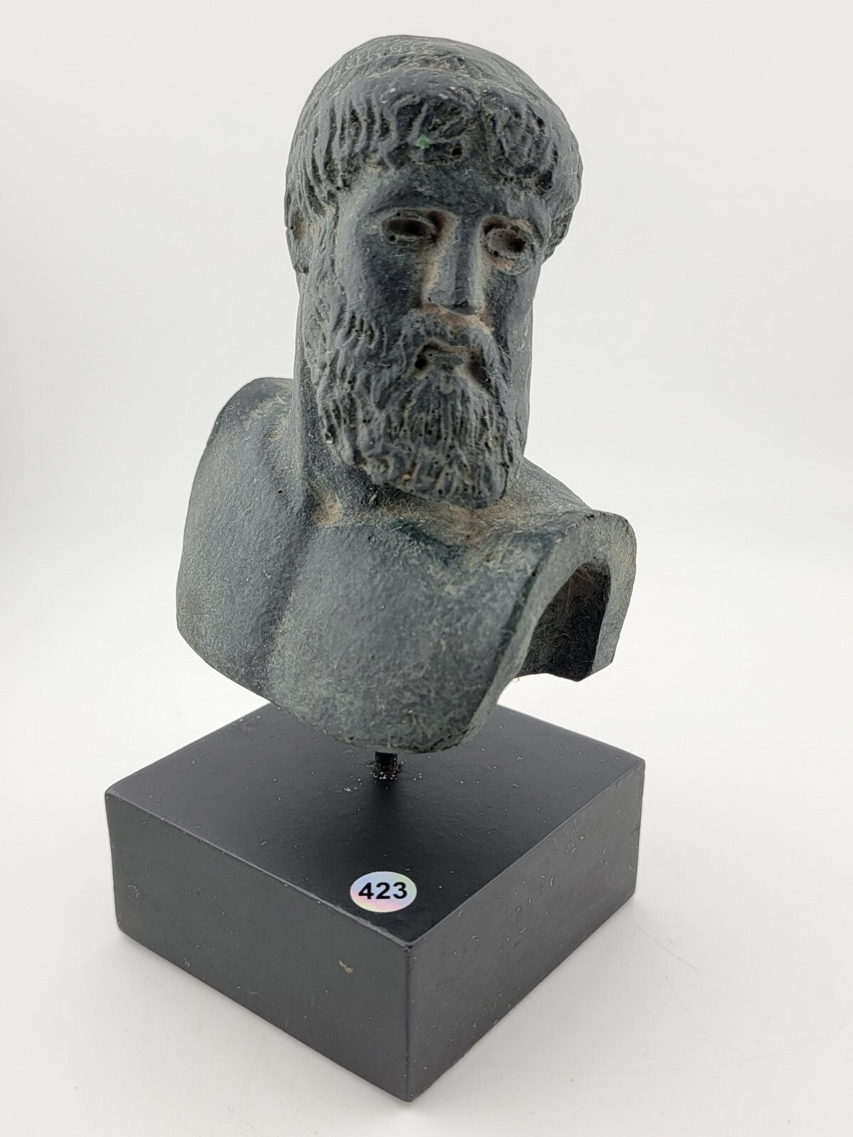 Vintahe Zeus sculpture statue on black marble base green aged color effect