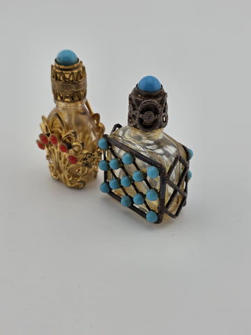 Pair Of Vintage Jeweled Miniature Perfume Bottles Filigree Glass Scent Bottles