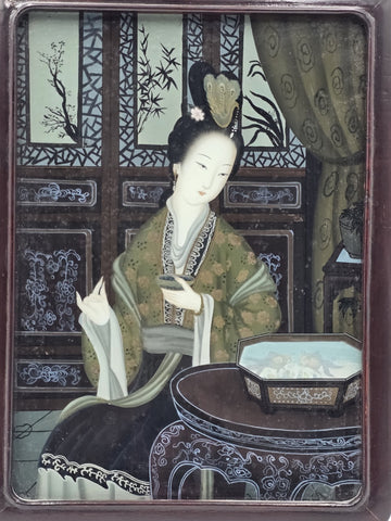 Antique Chinese Reverse Painted Glass Court Lady Portrait Hardwood Frame 14"