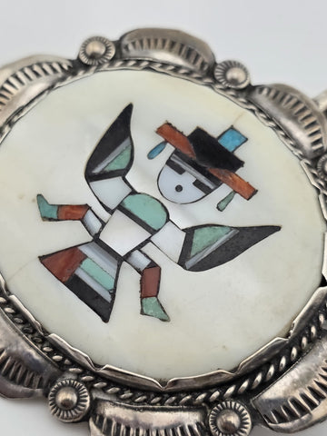 Vtg Zuni Native Kachina Turquoise Coral Inlay Sterling Silver Pin Brooch Pendant