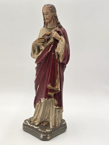 Antique 1930's Sacred Heart Jesus Chalkware Statue 13” Painted Religious Figure
