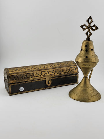 Set Of 2 Antique Islamic Middle Easter Brass and Wood Ornate Incense Burners.