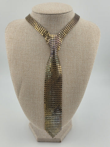 Vintage Gold & Silver Tone Mesh Tie Necklace Whiting Davis Style Fringe 70s