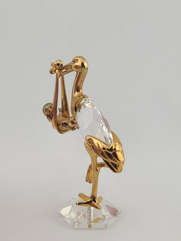 Rare Swarovski Crystal Stork Baby Figurine Gold Tone New Arrival Maternity Gift