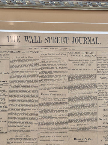 1929 Wall Street Journal Framed Newspaper Front Page Pre-Crash Financial Era