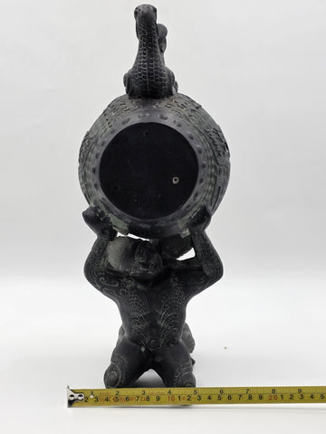 Antique Old China Bronze Ware Dynasty Dragon Head Kneel People Drum Statue 15 in