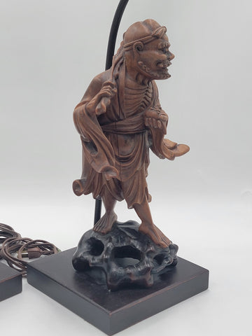 Pair Of Antique C 1910's Chinese Handcarved Boxwood Statues Made Into Lampshades