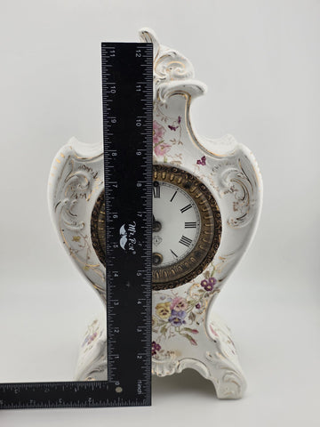 Antique 19th C Ansonia Royal Bonn China Porcelain Floral Shelf Clock Great Cond.