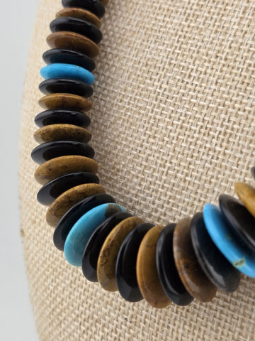 Jay King DTR Black Onyx, Tiger Eye and Turquoise Disc Sterling Necklace.