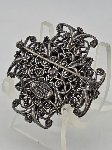 VTG 1950s Signed Miriam Haskell Brooch Pin 1 7/8 Filigree Faux Pearls Ornate