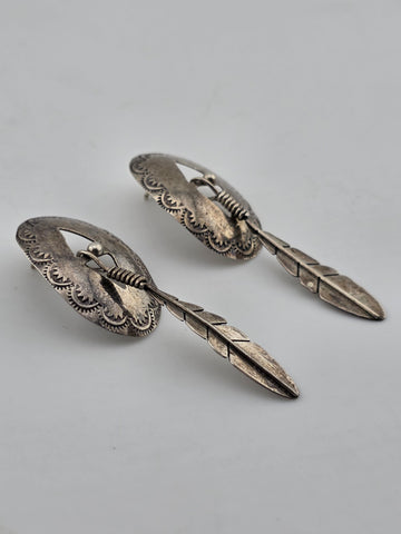 Antique Native American 925 Sterling Silver Earrings Concho Feather Dangle