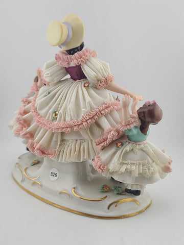 Rare Antique Dresden Porcelain Germany Lace Mother with Daughters and Flowers