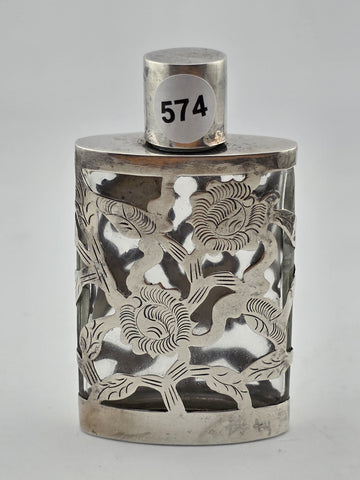 Antique Set Of 2 Sterling Silver Overlay Glass Perfume Bottles. 3.5 & 2.5 Inches