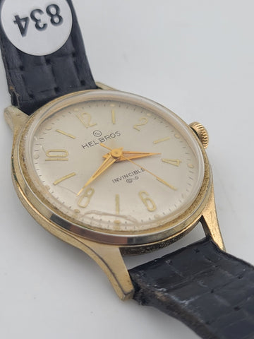 Helbros "Invincible" 34mm Beige Dial Gold Plated Manual Wind Men Watch. Working.