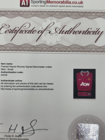 Wayne Rooney Signed Manchester United Jersey Framed Display COA A1 Memorabilia