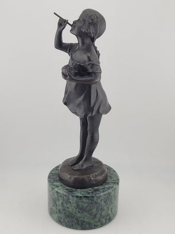 Vintage Bronze Sculpture by Suzanne Crizaro “Girl Blowing Bubbles” Marble Stand