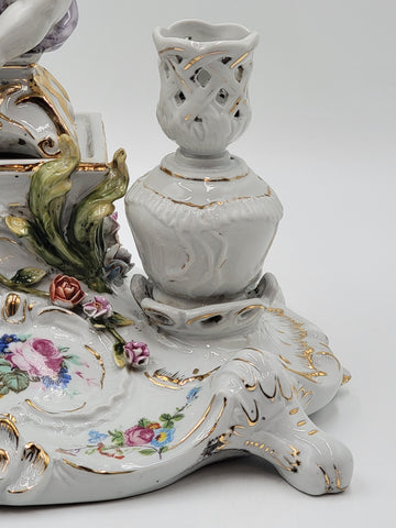 Rare Antique 19th C Porcelain Candle Holder Stand W Cherub & Flowers. Stamped.