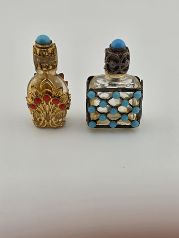 Pair Of Vintage Jeweled Miniature Perfume Bottles Filigree Glass Scent Bottles