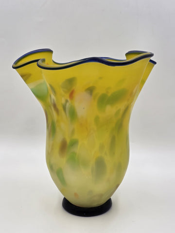Vtg Azerbaijan Handblown Art Glass Vase Yellow Freeform Cobalt Rim Studio 11.5in