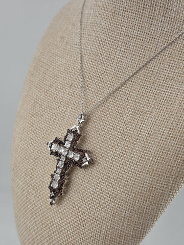 Vintage Sterling Silver 925 Cross Pendant Red Clear CZ Ornate Gothic Necklace