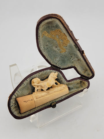 Antique 19th C Dog Theme German Meerschaum Cigarette Holder W Original Case.