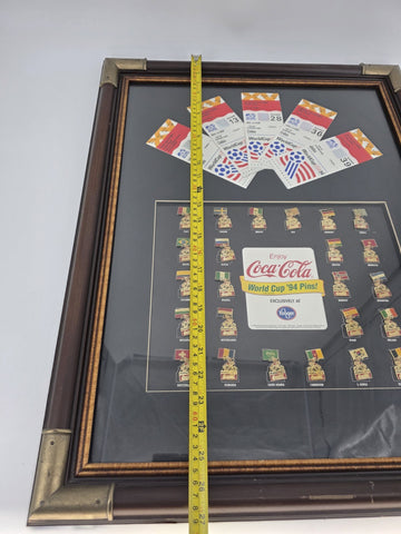 Rare Set 1994 FIFA World Cup USA Ticket Stubs + Coca Cola Pin Set Framed Display