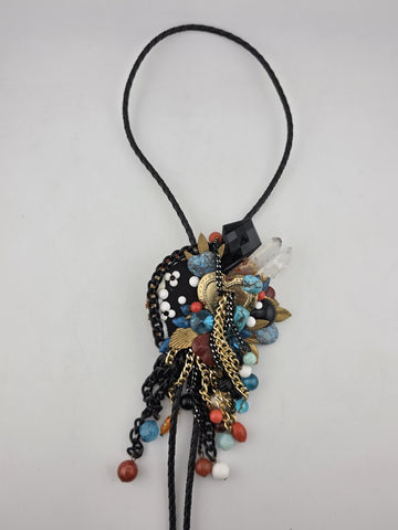 Vintage Large Boho Statement Bolo Necklace Brooch Turquoise Tassel Mixed Media