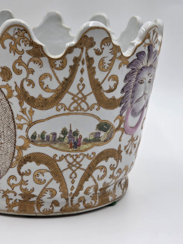 Chinese Export Porcelain Jardiniere C 1920 European Harbor Scene Gilt Cachepot