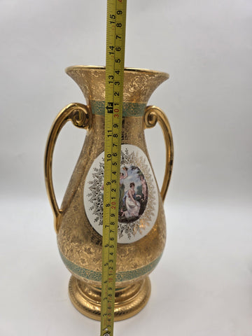 Pair Vintage Le Mieux 24 Karat Gold Handled Vases Victorian Scene Ladies Cherubs
