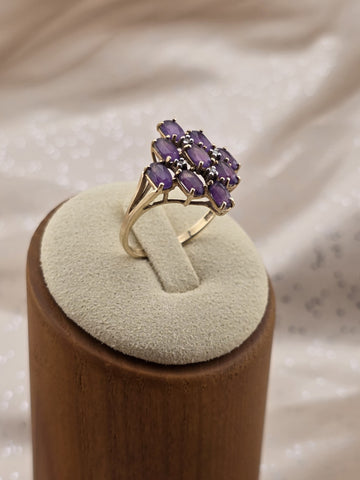 Antique 10K Solid Gold Amethyst Cluster Ring Diamond Accents Size 7.5 W Box.