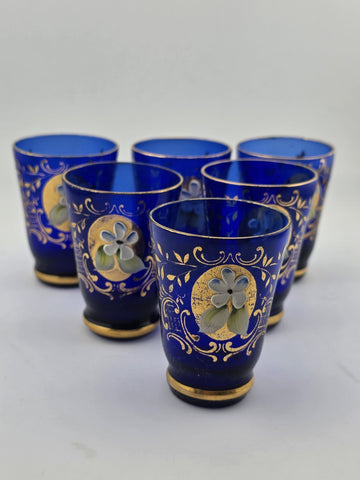 Antique Set Of 1900s Blue Glass Gold Flower Petal Leaf Decanter Mini Glasses.