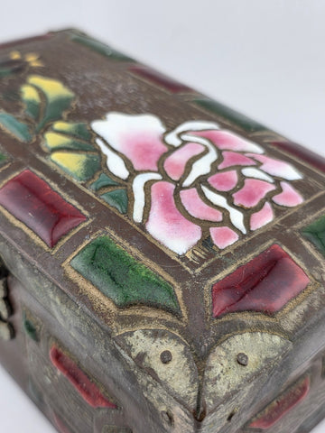 RARE ANTIQUE JAPANESE COPPER  BRASS-BOUND JEWELRY BOX W RAISED ENAMEL DECO MEIJI