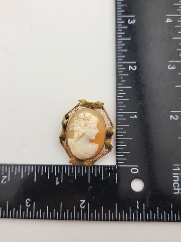 Antique Art Deco 10K Gold Portrait carved shell pendant brooch 1&1/4 inch.