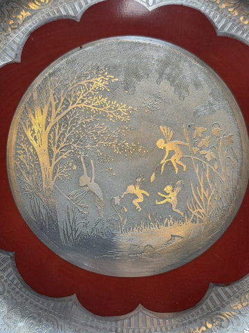 Set of 3 Antique Czech Silver Inlaid Red Enamel Fairy Plates c.1910 Art Nouveau