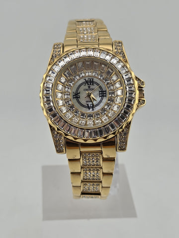 Croton Gold Tone Crystal Baguette Bezel Watch Mother of Pearl Dial Quartz. Works