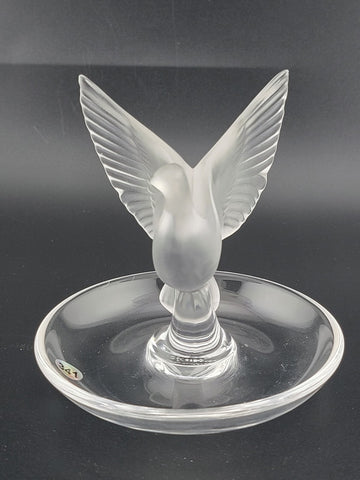 LALIQUE FROSTED CRYSTAL "THALIE" OPEN-WING DOVE RING or PIN TRAY