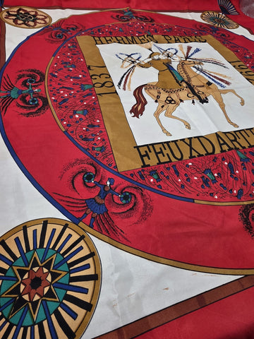 VINTAGE HERMES FEUX D’ARTIFICE FIREWORKS RED SILK SCARF WRAP 1937-1990 34X34