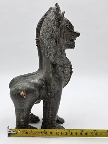 Rare Antique Thai Burmese Bronze Singha Temple Guardian Lion Statue 11" Tall.