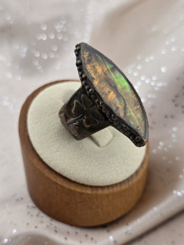 Vintage ABALONE RING OFFSET MARQUIS SILVERTONE 4 LEAF CLOVERS ON BAND SIZE 7