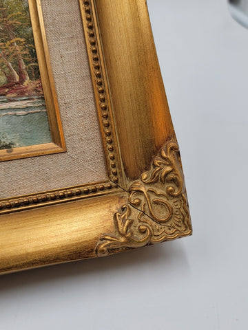 Vintage Mid-century Small Landscape Painting In Gold Wooden Frame. Artist Signed