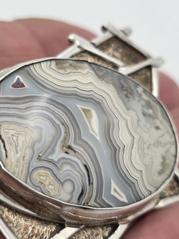 Vintage 925 Sterling Silver Banded Agate Garnet Artisan Brooch Pendant 27.9g