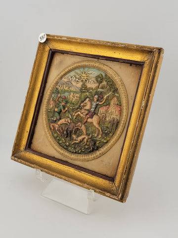 Rare Antique GERMAN MINIATURE WAX PAINTING "WILD BOAR HUNT" 1900s 16th C Style.