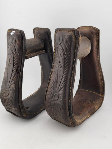 Antique Horse Western Stirrups Saddle Tack Floral Handmade Leather Covered Pair