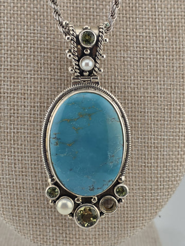 Vintage Large 925 Sterling Silver Turquoise Peridot Pearl Pendant Necklace. Read