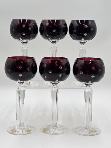 Set Of 6 Vintage Ajka Marsala Ruby Red Cut To Clear Crystal Hock Wine Glass
